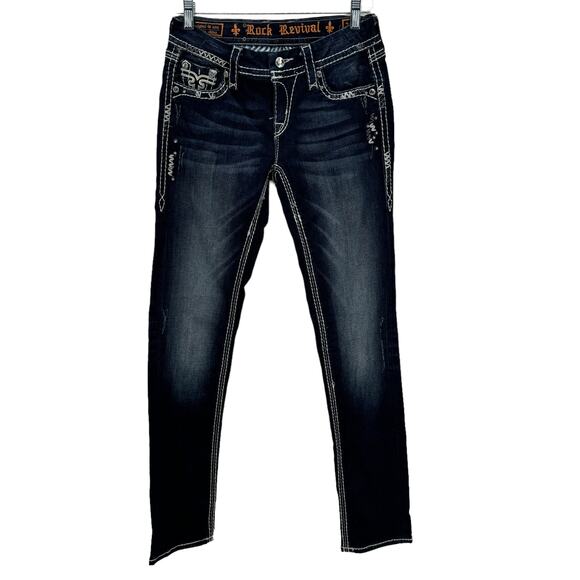 Rock Revival Denim - Rock Revival Women's Jeans Kai Easy Skinny 25 Flap Pocket Blue Bling Inseam 32"